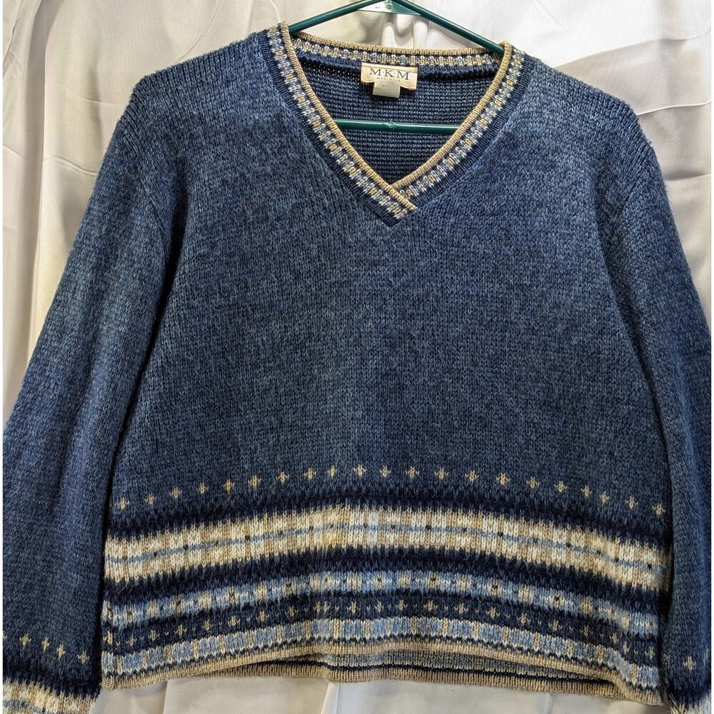 M K M Designs Y2K Style Cropped Blue W/ Cream Trim  V-Neck Sweater Size XL
